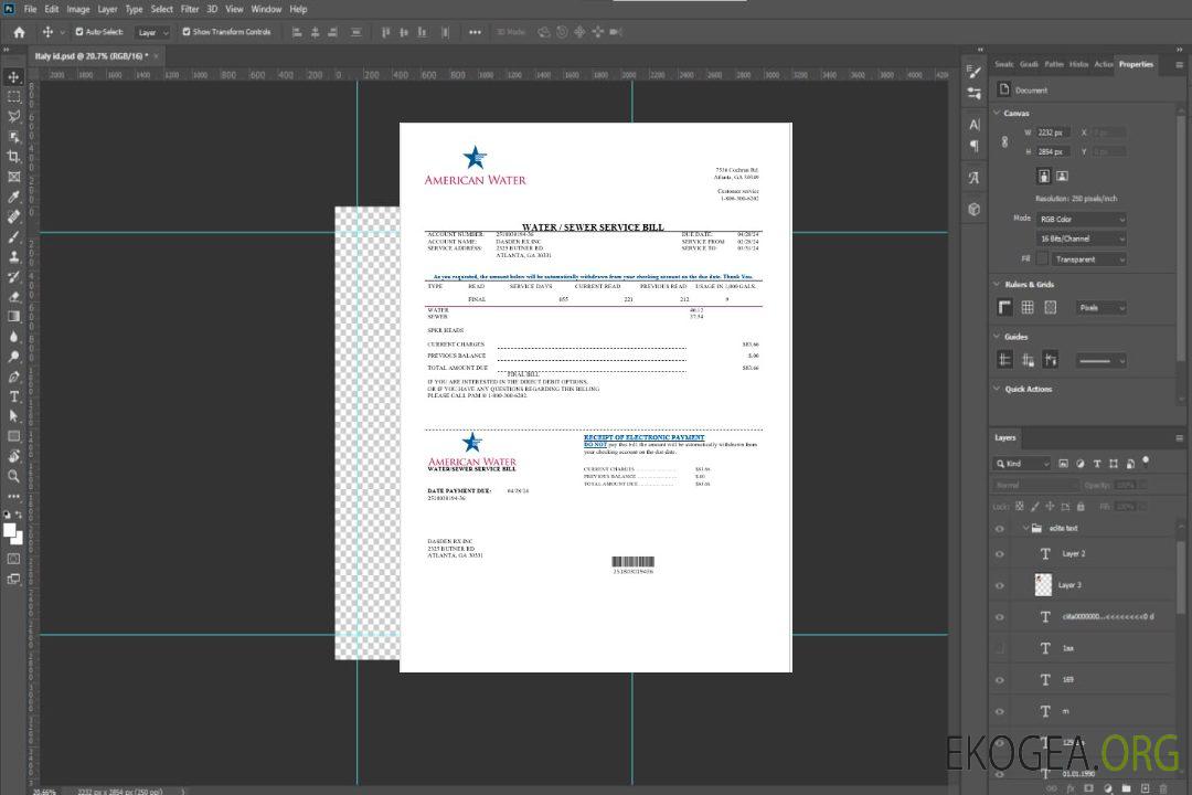 Modèle de facture de services publics des États-Unis Géorgie American Water aux formats Word et PDF template